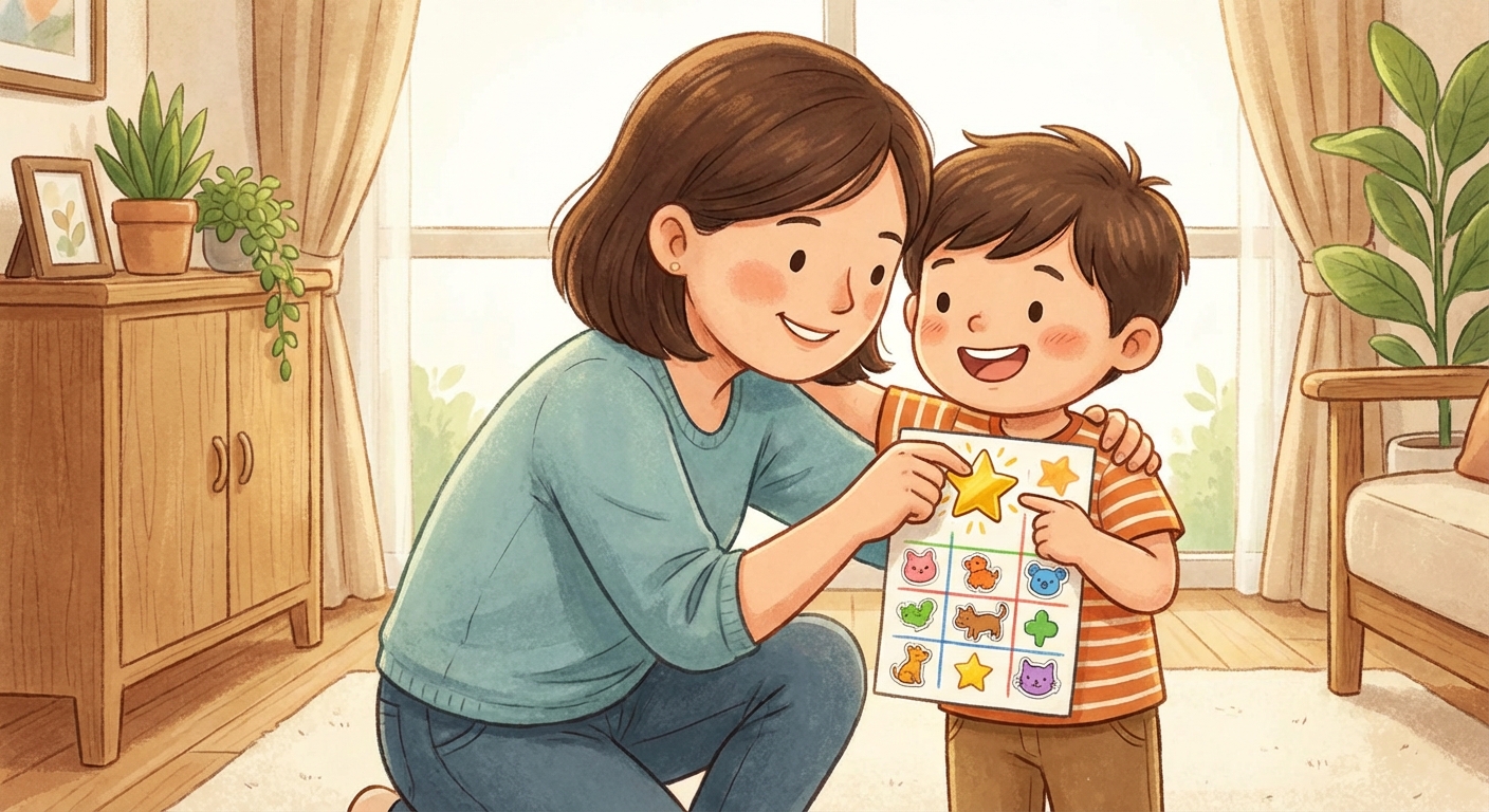 Criança recebendo estrela no quadro de recompensas